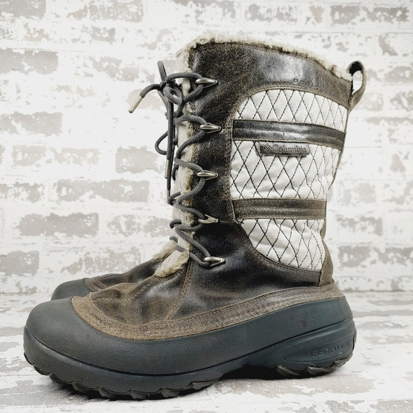 Columbia Brown & White Leather Heather Canyon Waterproof Cold Weather Boots C416 - Picture 1 of 13